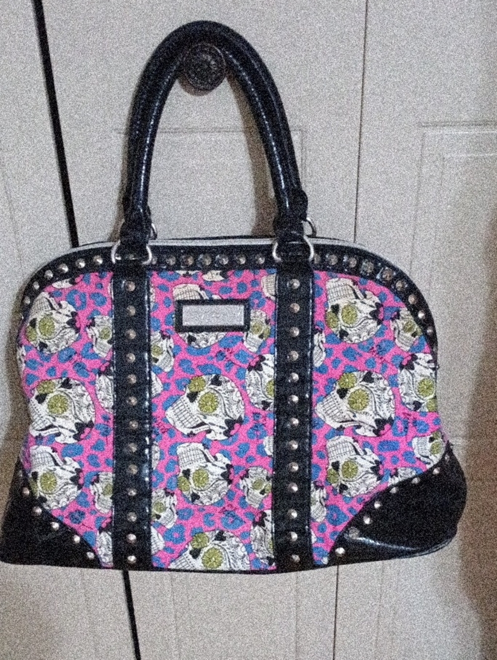 Betsey Johnson Pink and Black Skull-Print Studded Satchel